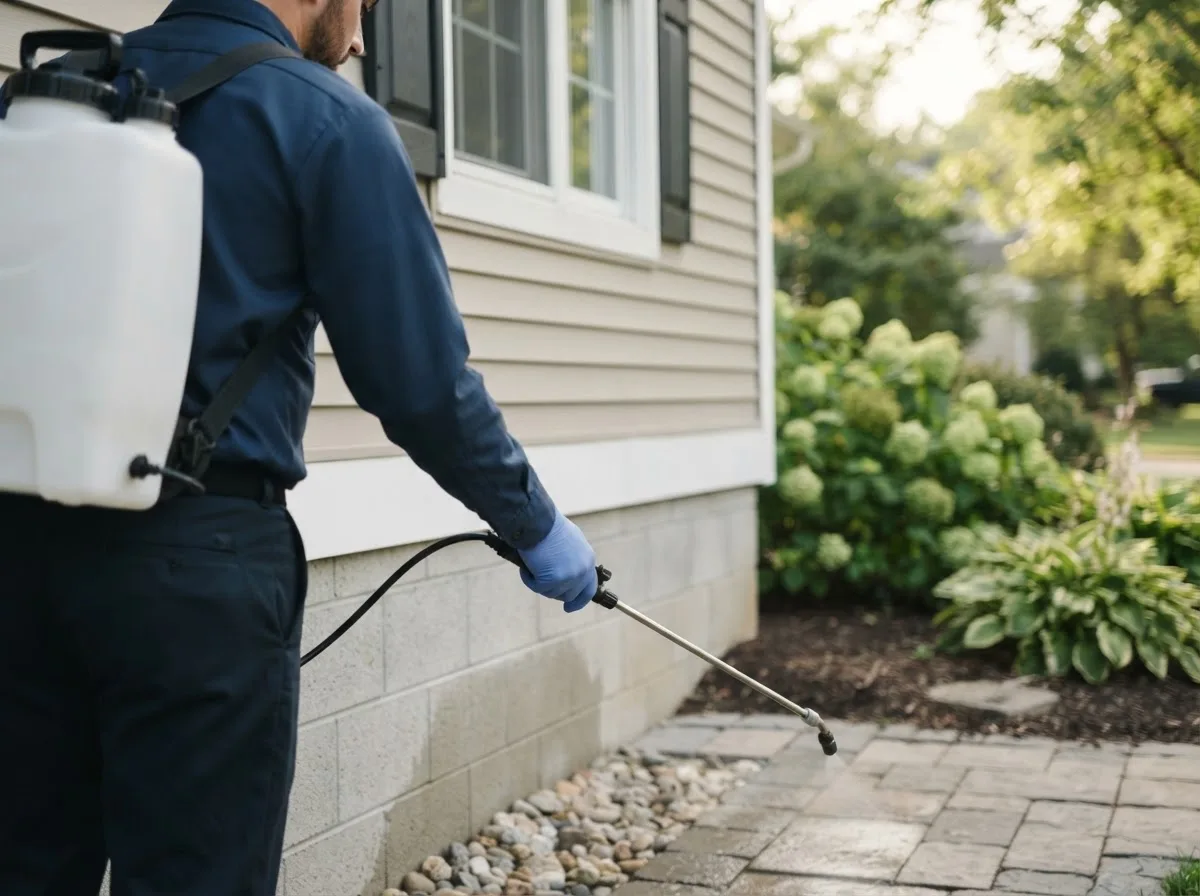 Pest control technician inspecting a home in Willsboro, NY